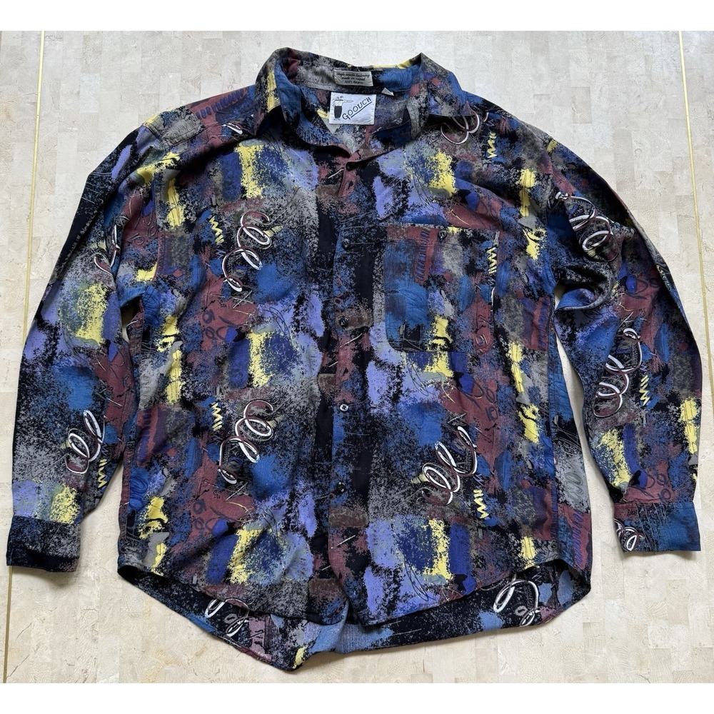 Vintage GOOUCH Shirt Mens L Single Needle Colorful Print Rayon Long Sleeve 80s